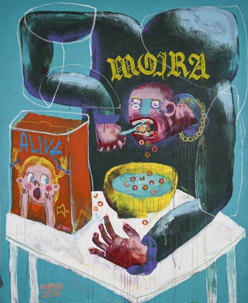 Malerei von Sebastian Kuban mit dem Titel Moira, acryl on MDF panel, 100 x 120 cm, 2024