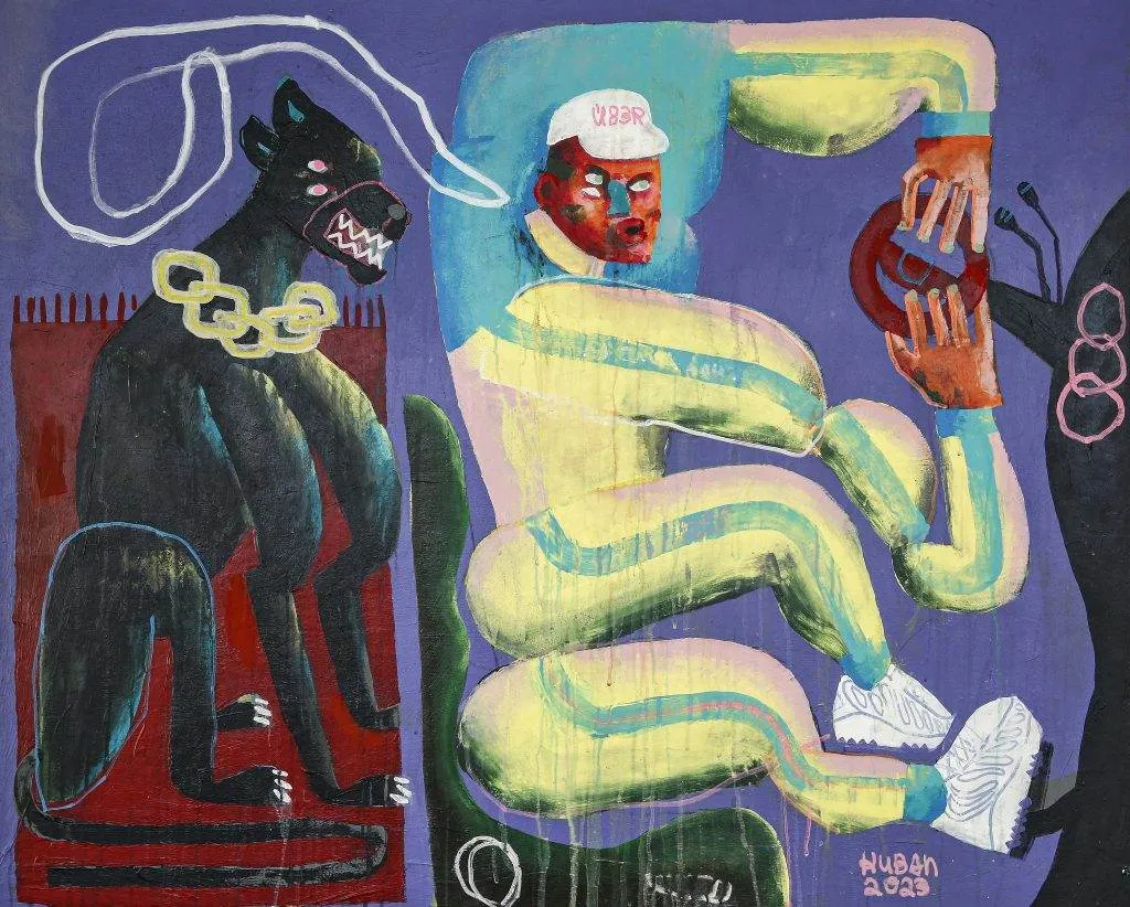 Malerei von Sebastian Kuban mit dem Titel Über, acryl on MDF panel, 100 x 120 cm, 2024