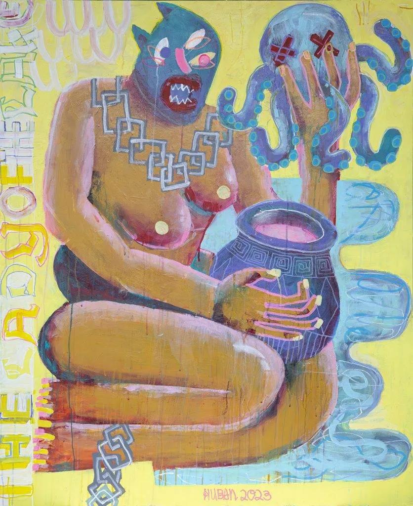 Malerei von Sebastian Kuban mit dem Titel the_lady_of_the_lake, 2023, Acryl auf MDF-Platte, 90 x 110 cm