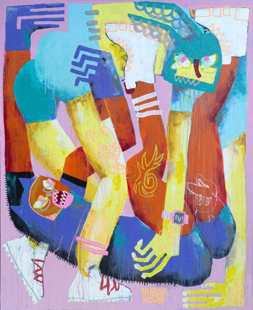 Malerei von Sebastian Kuban mit dem Titel dangerous_frustration, 2023, Acryl auf MDF-Platte, 90 x 110 cm