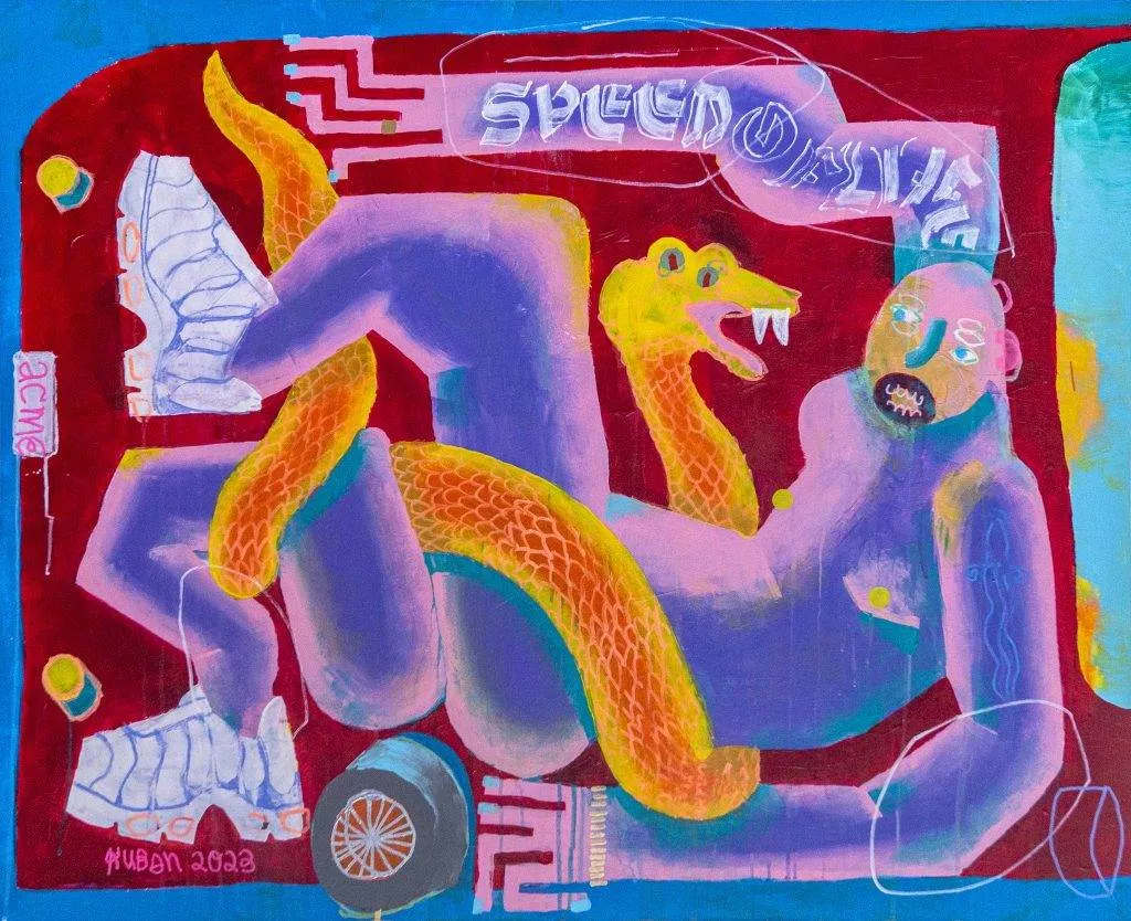 Malerei von Sebastian Kuban mit dem Titel speed of life, 2023, Acryl auf MDF-Platte, 90 x 110 cm